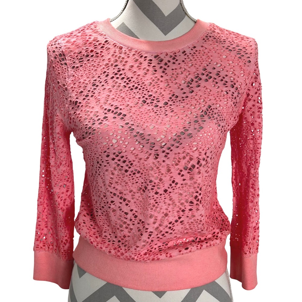 We The Free People Coral Pink Crochet Lace Knit‎ Top Layering Sweatshirt Small